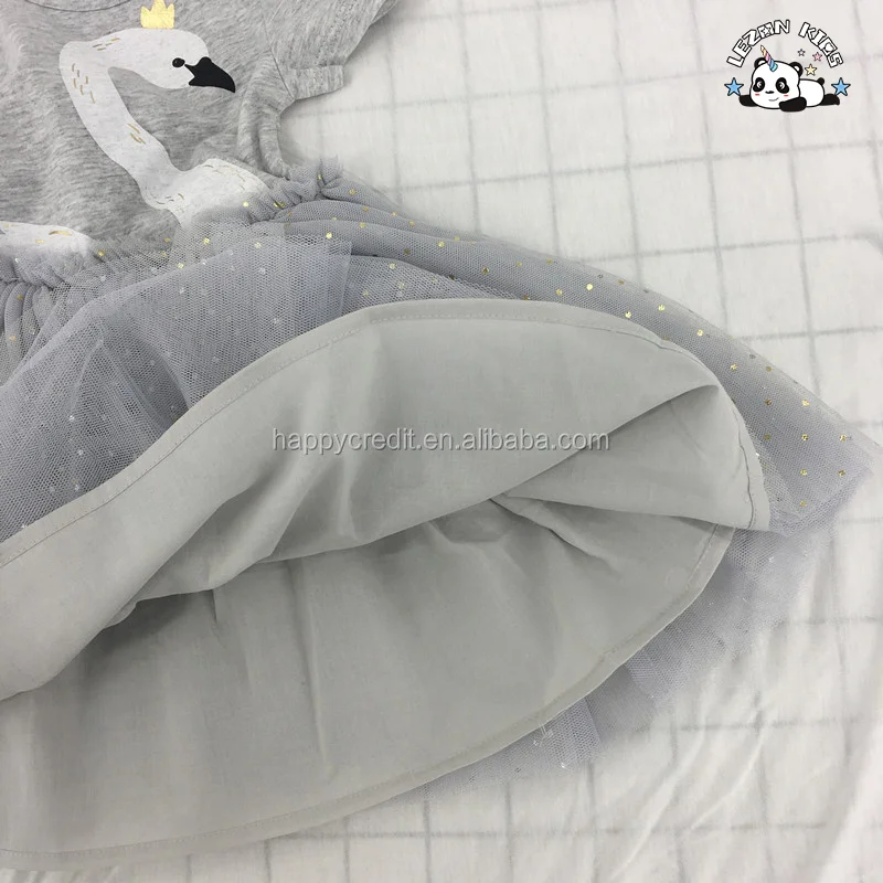 LEZONKIDS - Custom MOQ 100pcs Grey Cotton Short Sleeve 4 Layers Tulle Dress Girls Swan Dots Foil Print Dress